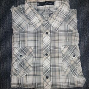 Monarchy‎ Shirt Mens XXL Gray Plaid Embroidered Magna Carta Metal Snaps